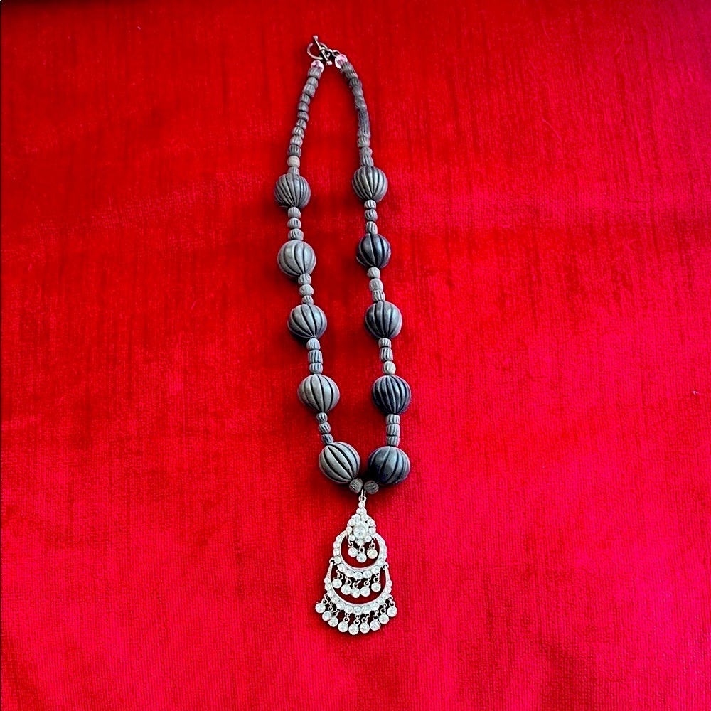 Elegant Gray Beaded Necklace with Silver Pendant